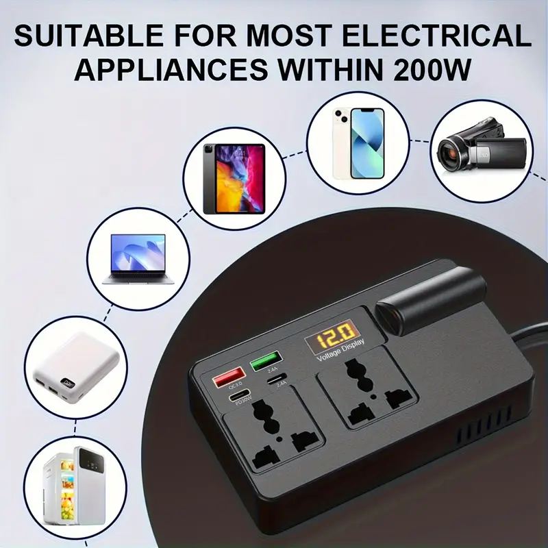 ავტომობილის ინვერტორი 200W — მხარდაჭერილი მოწყობილობები (USB-A/USB-C/AC)