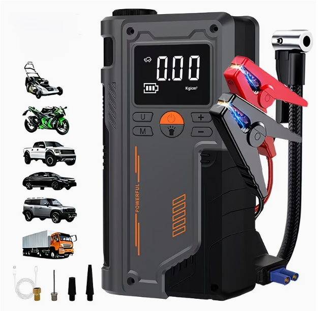 Jump Starter 8000A კომპრესორით, პორტატული ჰაერის ტუმბო და მანქანის სტარტერი"