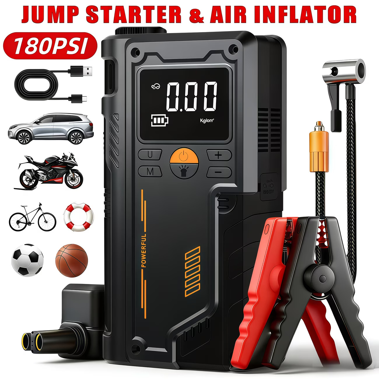 Jump Starter 8000A კომპრესორით – 5-ში-1 პორტატული სტარტერი