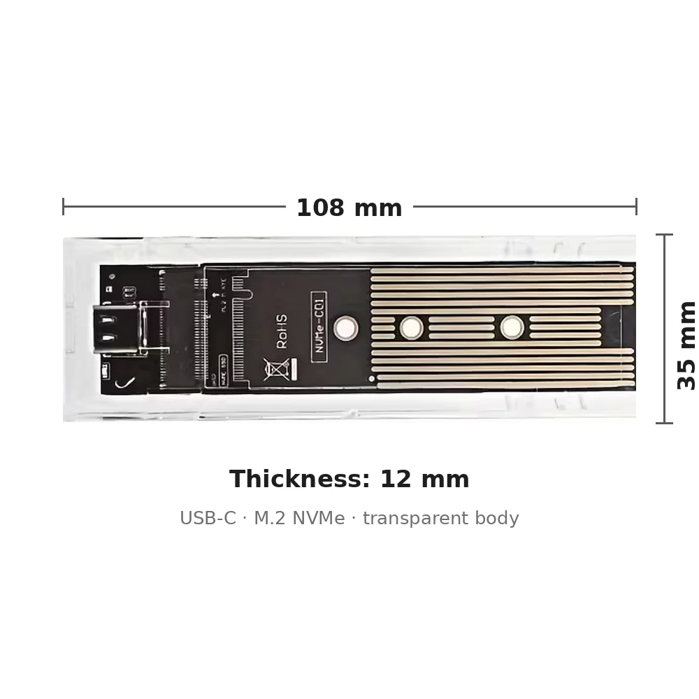 M.2 NVMe SSD enclosure dimensions 108×35×12 mm